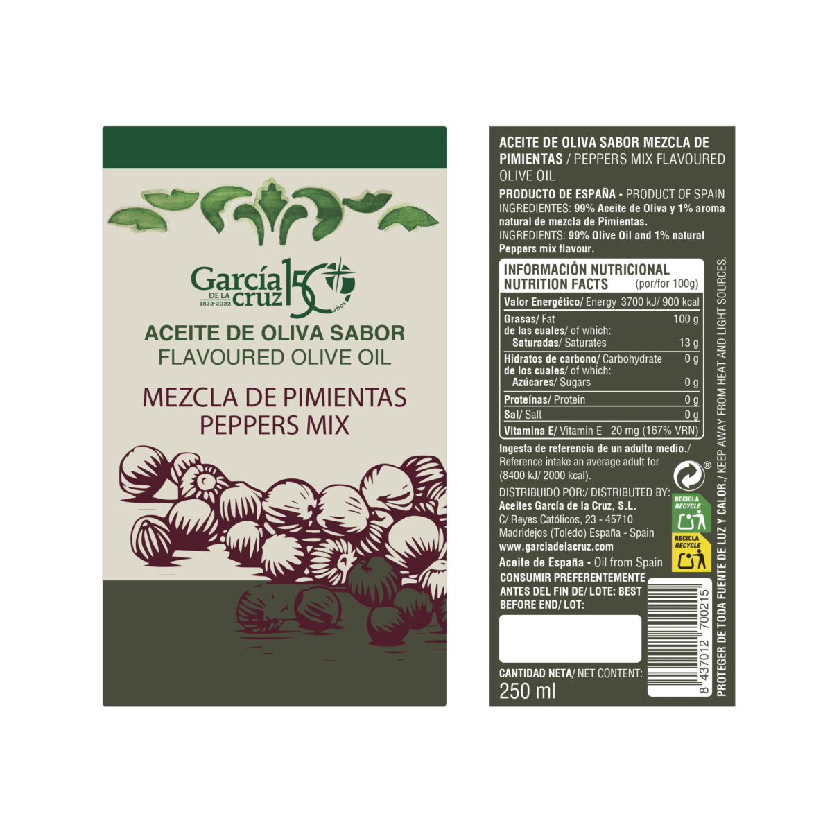 Aceite de oliva virgen extra aromatizado con cinco pimientas- 250ml