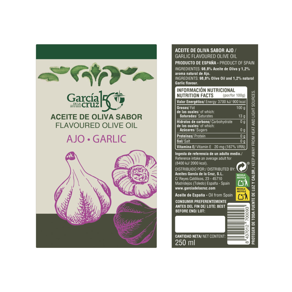 Aceite de oliva virgen extra aromatizado de ajo- 250ml