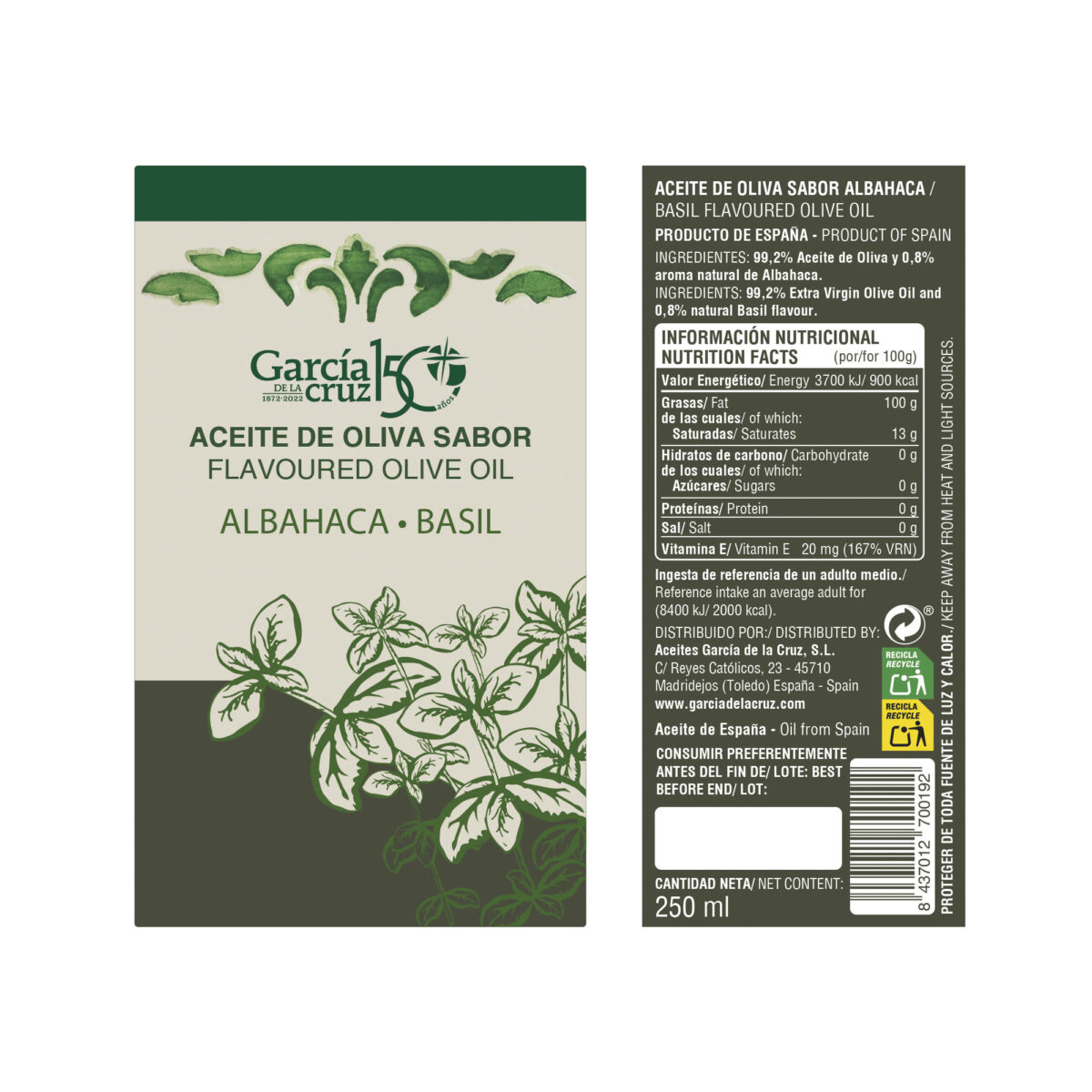Aceite de oliva virgen extra aromatizado de albahaca- 250ml