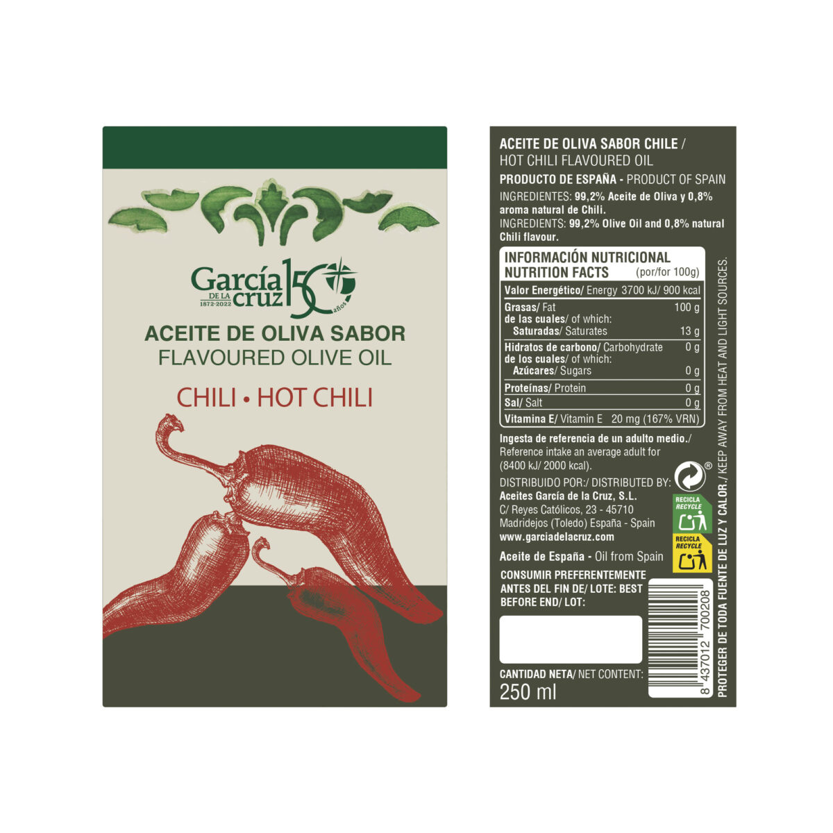 Aceite de oliva virgen extra aromatizado de chile- 250ml